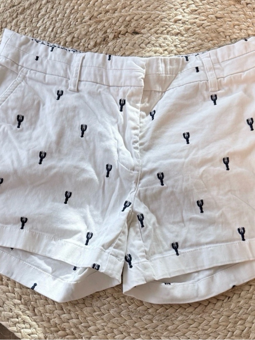 British Khaki White Cotton Shorts with Navy Lobster Embroidery.